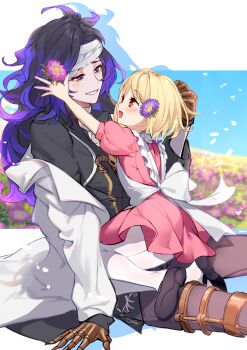 Rule 34 | 1boy, 1girl, absurdres, aged down, aki663, bandages, blonde hair, blush, djeeta (granblue fantasy), dress, eye contact, field, flower, flower field, granblue fantasy, grin, hair flower, hair ornament, highres, lab coat, looking at another, mary janes, medium hair, multicolored hair, open mouth, orologia (male), pantyhose, pink dress, purple eyes, purple hair, red eyes, shoes, sitting, smile, streaked hair