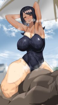 Rule 34 | 1boy, 1girl, armpits, arms up, beach, blue hair, blue sky, breasts, closed eyes, cloud, cloudy sky, covered erect nipples, cowgirl position, dark-skinned male, dark skin, eyelashes, fat, fat man, freckles, grin, hair ornament, hetero, implied sex, lana's mother (pokemon), large breasts, nintendo, one-piece swimsuit, parasol, pink lips, pokemon, pokemon (anime), pokemon the series: black &amp; white, shiny skin, sky, smile, steam, steaming body, straddling, sweat, swimsuit, takezumi (takezumi ero), thick thighs, thighs, umbrella, wet, wide hips