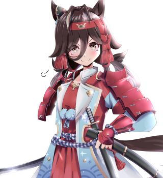 01_leesuke 1girl animal_ears antenna_hair armor blue_jacket breasts brown_hair closed_mouth commentary_request cowboy_shot hair_between_eyes hand_on_own_hip headband highres holding horse_ears horse_girl jacket japanese_armor kote long_hair looking_at_viewer no_reason_(umamusume) red_shirt shirt shoulder_armor simple_background small_breasts smile sode solo umamusume v-shaped_eyebrows white_background