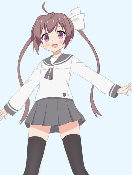 1girl black_thighhighs blush bow brown_hair dot_nose fang feet_out_of_frame female_focus grey_shirt hair_bow long_hair long_sleeves looking_at_viewer momochi_tamate open_mouth purple_eyes sailor_collar school_uniform serafuku shirt simple_background skin_fang skirt slow_start solo standing thighhighs twintails white_shirt yamana152111