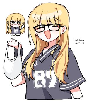 1girl bag black-framed_eyewear blonde_hair blush chibi closed_eyes commentary_request cropped_torso dated fang fujita_kotone gakuen_idolmaster glasses highres holding holding_bag idolmaster long_hair multiple_views open_mouth plastic_bag shirt short_sleeves simple_background skin_fang smile sportswear tamago_bororo upper_body white_background yellow_eyes