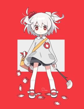 1girl absurdres aida_(aidia) bag black_shorts branch bright_pupils closed_mouth commentary_request double-parted_bangs full_body grey_shirt hair_between_eyes highres holding holding_branch long_sleeves looking_at_viewer name_tag origami original red_background red_eyes red_shoes ribbed_socks school_bag shirt shoes short_hair shorts socks solo standing two_side_up white_hair white_pupils white_socks