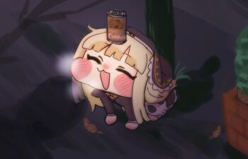 1girl all_fours black_coif black_dress blonde_hair blunt_bangs blush breath can can_on_head canned_coffee chibi chibi_only closed_eyes commentary_request dekamoti0912 dress drink_can full_body grey_background long_hair long_sleeves meme open_mouth shadow smile solo speaki_(trickcal) speakiposting_(meme) trickcal