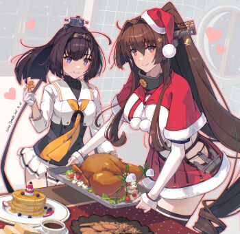 2girls akizuki_(kancolle) akizuki_kai_ni_(kancolle) bell black_hair black_thighhighs blush breasts brown_hair chicken_(food) christmas clothing_cutout commentary_request cookie dated eating food gloves hachimaki hair_between_eyes hair_intakes hair_ornament hat headband headgear heart highres himeyamato hip_vent holding holding_food kantai_collection large_breasts long_hair looking_at_viewer medium_breasts miniskirt multiple_girls mushroom neckerchief orange_neckerchief pancake pancake_stack plate pleated_skirt pom_pom_(clothes) ponytail red_skirt santa_costume santa_hat sidelocks simple_background skirt sleeves_past_wrists star_(symbol) star_hair_ornament thighhighs very_long_hair white_gloves yamato_(kancolle)