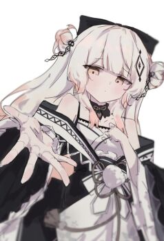 1girl bare_shoulders black_coat coat commentary detached_collar dress frills hair_bun hair_ornament hat japanese_clothes lolita_fashion long_hair looking_at_viewer mahou_shoujo_no_inshuu_mura off-shoulder_dress off_shoulder orange_eyes outstretched_hand simple_background solo tollight untranslatable_commentary wa_lolita watanuki_sakuya_(manomura) white_background white_dress white_hair wide_sleeves