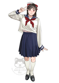 Rule 34 | 1girl, absurdres, ahoge, alternate costume, black hair, black sailor collar, black skirt, full body, hair ribbon, highres, kantai collection, leaning to the side, long hair, mamiya (kancolle), neckerchief, ojipon, pleated skirt, red eyes, red neckerchief, ribbon, sailor collar, sailor shirt, school uniform, serafuku, shirt, simple background, skirt, socks, solo, v, watermark, white background, white shirt, white socks