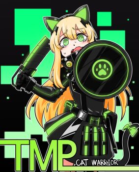 Rule 34 | 1girl, animal ear headphones, animal ears, black gloves, blonde hair, bow, cat ear headphones, cat ears, cat tail, crying, fake animal ears, girls' frontline, gloves, green eyes, headphones, holding, holding shield, holding weapon, paw print, scared, shield, solo, tail, tail bow, tail ornament, tmp (girls' frontline), voodoowood, weapon