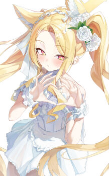 Rule 34 | 1girl, absurdres, alternate costume, animal ear fluff, animal ears, bare shoulders, blonde hair, blue archive, blush, bright pupils, closed mouth, detached sleeves, dress, extra ears, floating hair, flower, forehead, fox ears, fox girl, hair flower, hair ornament, hairband, halo, hands up, heart, heart hands, highres, long hair, looking at viewer, multicolored eyes, pink eyes, rosu 1109, seia (blue archive), simple background, solo, sweat, sweatdrop, twintails, two-tone eyes, very long hair, wedding dress, white background, white dress, white flower, white hairband, white pupils, yellow halo