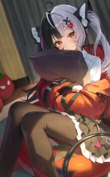 1girl absurdres ahoge black_hair black_pantyhose black_skirt closed_mouth commentary hair_ornament highres indoors jacket lacrimosa_(nte) long_sleeves meoyo multicolored_hair neverness_to_everness off_shoulder open_clothes open_jacket pantyhose purple_hair shirt sitting skirt solo split-color_hair streaked_hair twintails white_hair white_shirt
