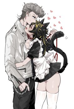 1boy 1girl absurdres age_difference aimono_jyushi amaguni_hitoya animal_collar animal_ear_piercing animal_ears bdsm black_dress black_pants blonde_streaks breasts breasts_squeezed_together cat_ears cat_tail collar cowboy_shot dress fine_fabric_emphasis genderswap genderswap_(mtf) green_eyes grey_hair hand_in_pocket heart height_difference hetero highres holding holding_leash hug hypnosis_mic jacket kiiro_0517 leash leather leather_jacket long_hair maid medium_breasts mole mole_under_eye one_eye_closed pants pompadour profile puffy_sleeves shiny_skin short_dress skindentation slave sweat tail thighhighs white_jacket white_thighhighs
