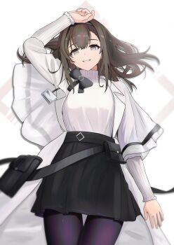 1girl :d arknights arm_up black_hairband black_skirt brown_hair coat cowboy_shot grey_eyes grin hairband lab_coat long_sleeves looking_at_viewer medium_hair open_clothes open_coat open_mouth pantyhose priestess_(arknights) purple_pantyhose shirt skirt smile solo sora_mame_(princess_0sora) turtleneck turtleneck_shirt white_background white_coat white_shirt