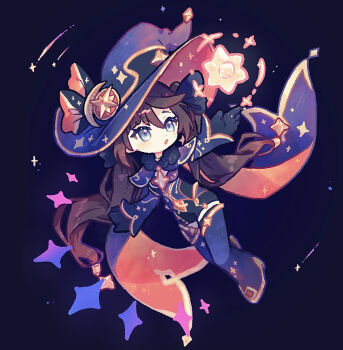 1girl :o black_gloves black_shirt black_shorts blue_eyes blush_stickers boots brown_hair commentary_request full_body genshin_impact gloves hair_between_eyes harukui hat highres long_hair mona_(genshin_impact) open_mouth outstretched_arm purple_boots purple_hat shirt shorts solo star_(symbol) thigh_boots witch_hat