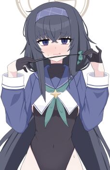 1girl applique_(appu_lique) black_gloves black_hair black_leotard blue_archive blue_eyes blue_sailor_collar blue_shrug blunt_bangs blush commentary_request cosplay covered_navel crossed_bangs furrowed_brow gloves green_neckerchief hairband half_gloves halo highres holding holding_riding_crop leotard long_hair looking_at_viewer neckerchief open_mouth purple_hairband riding_crop sailor_collar shimiko_(blue_archive) shimiko_(blue_archive)_(cosplay) shimiko_(magical)_(blue_archive) shrug_(clothing) sidelocks solo sweatdrop ui_(blue_archive) very_long_hair