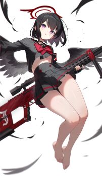 1girl anti-materiel_rifle bare_legs barefoot black_choker black_hair black_sailor_collar black_serafuku black_shirt black_skirt black_wings blue_archive blush bow breasts choker commentary feathered_wings full_body gun halo highres holding holding_gun holding_weapon looking_at_viewer low_wings mashiro_(blue_archive) melreon open_mouth purple_eyes red_bow red_halo rifle sailor_collar school_uniform serafuku shirt short_hair skirt small_breasts sniper_rifle solo underboob weapon wings