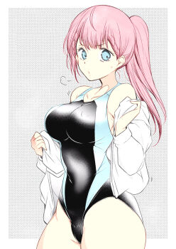 1girl aqua_eyes arai_kazuki bare_shoulders blue_eyes bokutachi_wa_benkyou_ga_dekinai braid breasts cleavage collarbone colorized competition_swimsuit cover covered_erect_nipples groin highres jacket kirisu_mafuyu large_breasts long_hair one-piece_swimsuit pink_hair ponytail solo swimsuit third-party_edit unworn_jacket