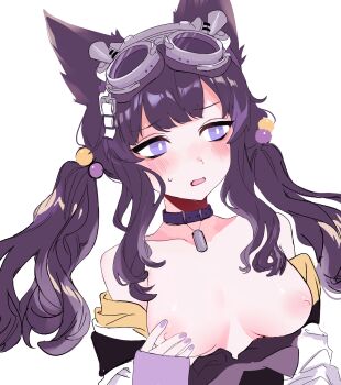 Rule 34 | 1girl, amp rira, animal ears, black hair, blue archive, blue eyes, blush, breasts, commentary request, dog ears, dog girl, goggles, goggles on head, hibiki (blue archive), highres, long hair, simple background, solo