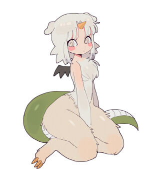 1girl animal_ears animal_feet animal_hands anoko_(chiikawa) bat_wings blue_sclera breasts brown_eyes chest_fur chiikawa claws colored_sclera digitigrade fangs full_body giant giantess horns kojirou_(mesurf1) lizard_tail looking_at_viewer monster_girl multiple_views personification short_hair simple_background single_horn sitting small_breasts tail white_background white_hair wings yokozuwari