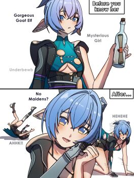 1girl animal_ears black_hoodie black_horns blue_eyes blue_hair blush bottle breasts cleavage dorahdew ear_tag empty_bottle english_text goat_ears goat_girl goat_horns highres hood hoodie horns lucia_elowen open_mouth short_hair sleeveless sleeveless_turtleneck small_breasts smile solo standing thrown tongue turtleneck underboob wine_bottle zenless_zone_zero