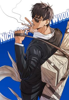 1boy absurdres black_hair black_jacket black_pants black_suit blue_background character_name cigarette collared_shirt commentary english_commentary formal_clothes groquis_j hair_between_eyes highres jacket looking_at_viewer male_focus nicholas_d._wolfwood pants parted_lips shirt short_hair smoke smoking solo suit suit_jacket sunglasses trigun trigun_stampede weapon weapon_on_back white_shirt