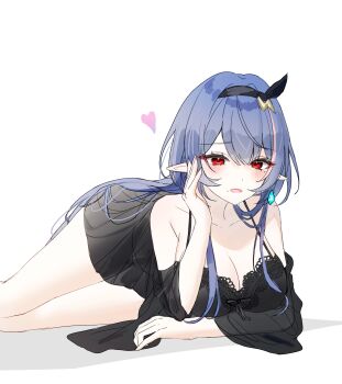 1girl absurdres bare_shoulders black_chemise blue_hair boong0619 breasts chemise cleavage commentary_request commission hair_ribbon hand_up heart highres korean_commentary lace_trim large_breasts long_hair looking_at_viewer lying mole mole_under_eye mole_under_mouth multicolored_hair nightgown off_shoulder on_stomach open_mouth original panties panties_visible_through_clothes pointy_ears red_eyes ribbon see-through_clothes see-through_sleeves simple_background solo spaghetti_strap streaked_hair string_panties thighs underwear very_long_hair white_background