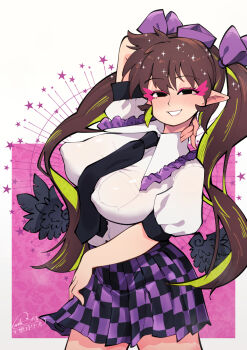 Rule 34 | 1girl, breasts, brown hair, carte, hat, himekaidou hatate, large breasts, long hair, necktie, no bra, pointy ears, ribbon, shirt, skirt, solo, tokin hat, touhou, twintails