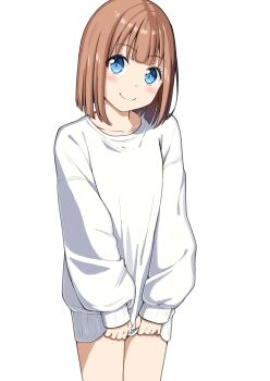 1girl absurdres blue_eyes blunt_bangs blush bob_cut brown_hair cardigan closed_mouth collarbone cowboy_shot dot_nose head_tilt highres looking_at_viewer negimiso1989 original shirt_tug sidelocks simple_background smile solo standing white_background white_cardigan