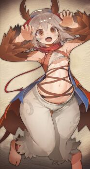 1girl absurdres arthropod_girl bare_shoulders barefoot blush breasts brown_eyes detached_sleeves duel_monster grey_hair highres horns looking_at_viewer lying monster_girl navel on_back open_mouth puffy_pants ro_g_(oowack) short_hair small_breasts solo tagme traptrix_myrmeleo underboob yu-gi-oh!