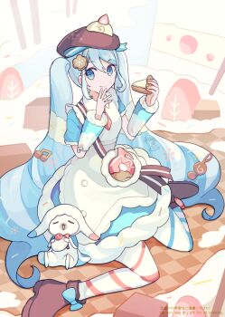 Rule 34 | 1girl, animal, apron, aqua eyes, aqua hair, asymmetrical legwear, blue bow, blue dress, blue sleeves, blush, boots, bow, bowtie, brown boots, brown hat, cake, cake slice, closed mouth, commentary request, dessert, detached sleeves, dress, dress bow, food, food-themed clothes, food-themed hat ornament, frilled apron, frills, fruit, full body, fur-trimmed dress, fur-trimmed sleeves, fur trim, hair between eyes, hair ornament, hat, hat ornament, hatsune miku, highres, holding, holding cake, holding food, knee boots, long hair, long sleeves, looking at viewer, macaron, mismatched legwear, necktie, official alternate costume, official alternate hairstyle, pantyhose, pink necktie, puffy sleeves, rabbit yukine, short sleeves, sitting, smile, snowflake print, strawberry cake, striped clothes, striped pantyhose, tongs, tray, twintails, two-tone sleeves, very long hair, vocaloid, wakolenrin, wariza, wavy hair, white apron, yuki miku, yuki miku (2026)