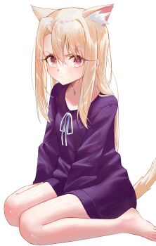 1girl absurdres animal_ear_fluff animal_ears barefoot blonde_hair breasts cat_ears cat_girl cat_tail closed_mouth commentary dress fate/stay_night fate_(series) highres illyasviel_von_einzbern kaze_22 kemonomimi_mode korean_commentary long_hair long_sleeves looking_at_viewer purple_dress red_eyes simple_background sitting small_breasts solo tail toes v-shaped_eyebrows wariza white_background