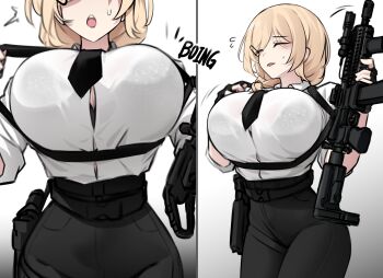 Rule 34 | 1girl, absurdres, accident, ar-15, assault rifle, belt, black bra, black necktie, black pants, blonde hair, bra, bra tug, breast lift, breasts, closed eyes, clumsy, collared shirt, entangled, flashlight, foregrip, gun, gun sling, hair over shoulder, handgun, high-waist pants, highres, holding, holding gun, holding weapon, holster, k0ng, large breasts, long hair, low ponytail, merc-san (k0ng), necktie, original, pants, ponytail, rifle, shirt, sidelocks, solo, sweatdrop, underwear, weapon