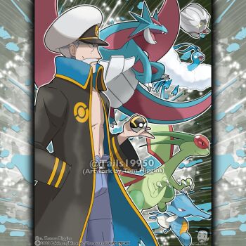 Rule 34 | 1boy, altaria, artist name, belt, black belt, black jacket, blue pants, claws, commentary, company name, copyright notice, dragon, drake (pokemon), english commentary, facial hair, fangs, flygon, from side, gen 2 pokemon, gen 3 pokemon, hand in pocket, hat, holding, holding poke ball, instagram username, jacket, kingdra, long sleeves, male focus, mature male, merchandise available, mustache, nintendo, no shirt, official style, open clothes, open jacket, open mouth, outline, pants, poke ball, poke ball symbol, pokemon, pokemon (creature), pokemon oras, red eyes, salamence, shelgon, short hair, smile, tom higgins, ultra ball, v-shaped eyes, watermark, white hair, white hat, white outline