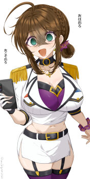 1girl ahoge black_choker blank_eyes blush bra breast_pocket breasts brown_hair cellphone chamumi_(mochiumee) choker cleavage commentary_request crop_top epaulettes female_admiral_(kancolle) fingerless_gloves folded_ponytail garter_belt gloves green_eyes hand_up highres holding holding_phone jacket kantai_collection large_breasts midriff military_jacket miniskirt mole mole_on_breast mole_on_thigh mole_under_mouth open_mouth pencil_skirt phone pleated_skirt pocket scrunchie simple_background single_fingerless_glove skirt smartphone smile solo sweat thighhighs translation_request underwear white_background white_gloves white_jacket wrist_scrunchie