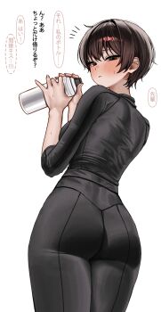 Rule 34 | 1girl, absurdres, bike jersey, bike shorts, biker clothes, bikesuit, black bodysuit, black eyes, bodysuit, brown hair, commentary request, gwan-e, highres, ishikawa kanna (gwan-e), looking at viewer, looking back, original, simple background, solo, standing, sweat, tomboy, translation request, white background