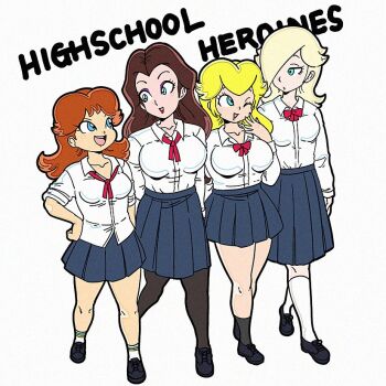 4grls bad_tag blonde_hair bow bowtie brown_hair legs mario_(series) meijin_okd neckbow nintendo pauline_(mario) princess princess_daisy princess_peach rosalina school_uniform shirt shoes size_difference skirt socks tomboy walking