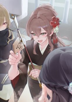Rule 34 | 1boy, :d, absurdres, arrow (projectile), black kimono, brown hair, commentary request, crossdressing, crossdressing (mtf), ema, fang, floral print, floral print kimono, flower, green eyes, hair between eyes, hair flower, hair ornament, highres, holding, holding arrow, japanese clothes, kimono, long hair, male focus, open mouth, original, print kimono, shun en, skin fang, smile, trap, wide sleeves, zurui ninjin