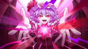 1girl ascot bat_wings blue_hair commentary_request fangs hair_between_eyes hat hat_ribbon highres looking_at_viewer mob_cap open_mouth pink_hat pink_shirt puffy_sleeves red_ascot red_eyes red_ribbon remilia_scarlet ribbon shirt short_hair smile solo tenx2_1341 touhou upper_body wings