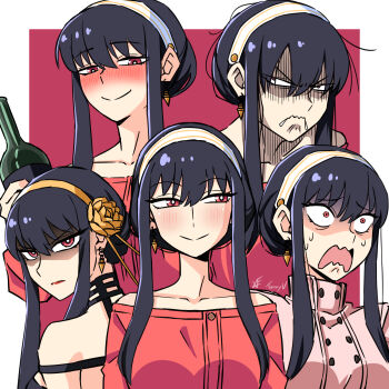 1girl artist_name bare_shoulders black_hair blush bottle closed_mouth commentary dress drunk earrings english_commentary hair_between_eyes highres holding holding_bottle jewelry multiple_expressions multiple_views nervous_sweating open_mouth red_eyes red_lips red_sweater shaded_face short_hair_with_long_locks smile solo spy_x_family sweat sweater sweater_dress tanny_v yor_briar