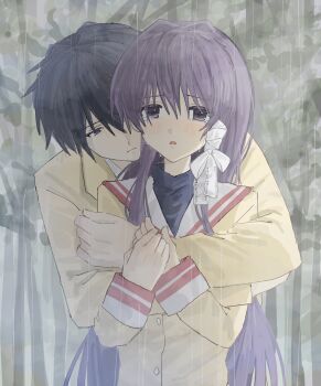 Rule 34 | 1boy, 1girl, blazer, blue hair, blush, clannad, frown, fujibayashi kyou, highres, hikarizaka private high school uniform, hug, hug from behind, jacket, long hair, nnnyanrrr, okazaki tomoya, purple eyes, purple hair, rain, ribbon, sad, school uniform, tears, tree, white ribbon