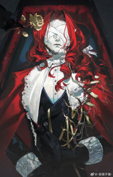 1boy absurdres aleph_(reverse:1999) andezi_miao ascot bird black_bird black_gloves black_jacket cape coffin covered_face crow dark_background facing_viewer from_above gloves golden_rose highres jacket long_hair lying male_focus official_alternate_costume on_back red_cape red_hair reverse:1999 shirt solo upper_body watermark weibo_watermark white_ascot white_mask white_shirt