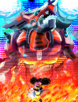 Rule 34 | absurdres, binary, black hair, cannon, chaosdramon, crossover, digimon, digimon (creature), digivice, fire, goggles, highres, looking at viewer, lunella lafayette, marvel, moon girl and devil dinosaur, open mouth, resting knight, robot, sharp teeth, smile, teeth, wireframe