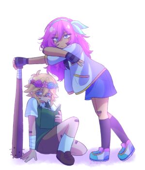 1boy 1girl antenna_hair arm_support aubrey_(faraway)_(omori) aubrey_(omori) bandaged_arm bandages bandaid bandaid_on_arm bandaid_on_cheek bandaid_on_face bandaid_on_knee bandaid_on_leg bandaid_on_nose basil_(faraway)_(omori) basil_(omori) black_socks blonde_hair blue_eyes blue_hairband blue_skirt blush brown_shoes brown_shorts closed_mouth collared_shirt commentary denim denim_skirt donuqx double-parted_bangs english_commentary fingerless_gloves flower flower_wreath freckles gloves green_sweater_vest grey_gloves hair_between_eyes hairband head_wreath highres jacket kneehighs leaning_forward loafers long_hair looking_at_viewer mole mole_under_mouth omori open_clothes open_jacket open_mouth pink_hair shirt shoes short-sleeved_jacket short_sleeves shorts sidelocks simple_background skirt sneakers socks standing sweat sweater_vest v white_background white_jacket white_shirt white_socks