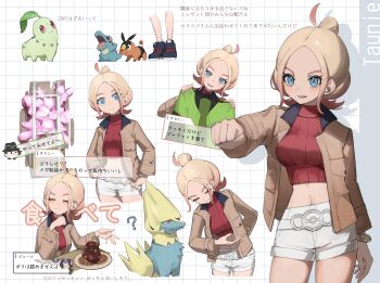 1girl ? absurdres belt blonde_hair blue_eyes bowing bracelet breasts bright_pupils brown_jacket character_name chibi chibi_inset chikorita clenched_hand collared_jacket commentary_request cropped_shirt eyelashes gen_2_pokemon gen_3_pokemon gen_5_pokemon grid_background highres holding holding_jacket holding_unworn_clothes jacket jewelry long_sleeves manectric momori0118 multiple_views navel nintendo open_clothes open_jacket open_mouth outstretched_arm paxton_(pokemon) pokemon pokemon_legends:_z-a red_shirt ribbed_shirt shirt shoes shorts sidelocks smile taunie_(pokemon) tepig totodile translation_request unworn_jacket white_belt white_pupils white_shorts