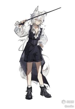 Rule 34 | 1boy, animal ear fluff, animal ears, black boots, black shorts, black vest, boots, choker, closed mouth, collared shirt, crossed bangs, dated, double-parted bangs, full body, grey hair, hair between eyes, lace-up boots, long sleeves, looking at viewer, male focus, mihuashi username, original, shirt, short hair, shorts, signature, simple background, smile, socks, solo, standing, tail, vest, white background, white choker, white eyes, white shirt, white socks, wolf boy, wolf ears, wolf tail, zeriko