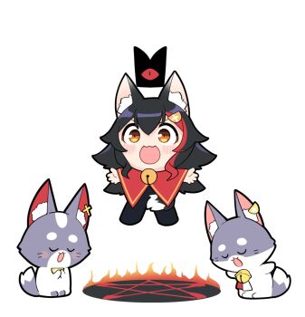 1girl :3 animal_ear_fluff animal_ears bell black_hair chibi chibi_only commentary cosplay cross_hair_ornament cult_of_the_lamb fire floating gradient_eyes hair_ornament hololive jb_jagbung levitation light_blush miofa_(ookami_mio) multicolored_eyes multicolored_hair multiple_others ookami_mio open_mouth orange_eyes parody pentagram praying red_crown_(cult_of_the_lamb) red_hair simple_background tail the_lamb_(cult_of_the_lamb) the_lamb_(cult_of_the_lamb)_(cosplay) virtual_youtuber wolf_ears wolf_girl wolf_tail