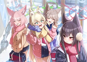 4girls animal_ears arm_around_shoulder ascot bag blonde_hair blue_archive blue_eyes blush brown_hair cardigan closed_eyes closed_mouth crying duffel_bag earmuffs fox_ears fox_girl halo highres kuromiz kurumi_(blue_archive) multiple_girls niko_(blue_archive) open_cardigan open_clothes otogi_(blue_archive) pink_hair pleated_skirt red_eyes scar school_uniform serafuku short_hair short_twintails sidewalk skirt snow snowing sweat tree twintails winter yukino_(blue_archive)