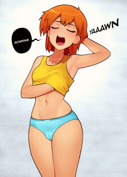 1girl :d arm_behind_head arm_up armpits arms_up asymmetrical_hair bare_arms bare_shoulders blue_panties blush bow bow_panties bra breasts cameltoe closed_eyes clothes_lift collarbone covered_erect_nipples cowboy_shot crop_top english_text eyelashes facing_viewer female_focus grabbing_own_breast hair_tie highres legs_together loodncrood medium_breasts medium_hair midriff misty_(pokemon) navel nintendo no_pants open_mouth orange_hair panties pokemon pokemon_(anime) pokemon_(classic_anime) raised_eyebrows revision shiny_skin shirt shirt_lift short_hair simple_background skinny sleeveless sleeveless_shirt small_breasts smile solo speech_bubble standing stomach talking tank_top teeth thighs tongue trembling underwear upper_teeth_only white_background wide_hips yellow_shirt yellow_tank_top