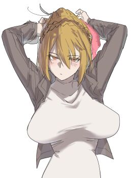 1girl arms_behind_head black_jacket blonde_hair blush braid breasts cropped_jacket crown_braid hair_between_eyes hair_ribbon highres jacket large_breasts minorun9 nue_no_onmyouji parted_lips pink_ribbon ribbon shirt solo suo_kazusa tight_clothes tight_shirt turtleneck turtleneck_shirt white_shirt yellow_eyes