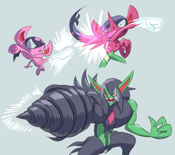 Rule 34 | aoi (comical highway), closed mouth, commentary request, drill, evolutionary line, fang, gen 8 pokemon, grimmsnarl, highres, impidimp, kicking, long nose, morgrem, nintendo, pointy ears, pointy nose, pokemon, pokemon (creature), pokemon focus, punching, red eyes, simple background, white background