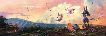 1other butterfree charmander cloud commentary_request field fire flame-tipped_tail flower furry gen_1_pokemon gen_4_pokemon lucario nintendo outdoors pikachu pink_flower piplup pokemon pokemon_(anime) pokemon_(classic_anime) pokemon_(creature) red_eyes rojo0110 tail wide_shot