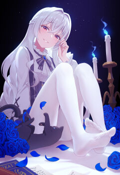 1girl absurdres allan_poe_(honkai_impact) blue_flower blush cat clothes_lift dress feet flower fukuro_daizi gothic_lolita highres honkai_(series) honkai_impact_3rd lolita_fashion long_hair neko no_shoes pantyhose parted_lips red_eyes skirt skirt_lift smile white_hair white_pantyhose